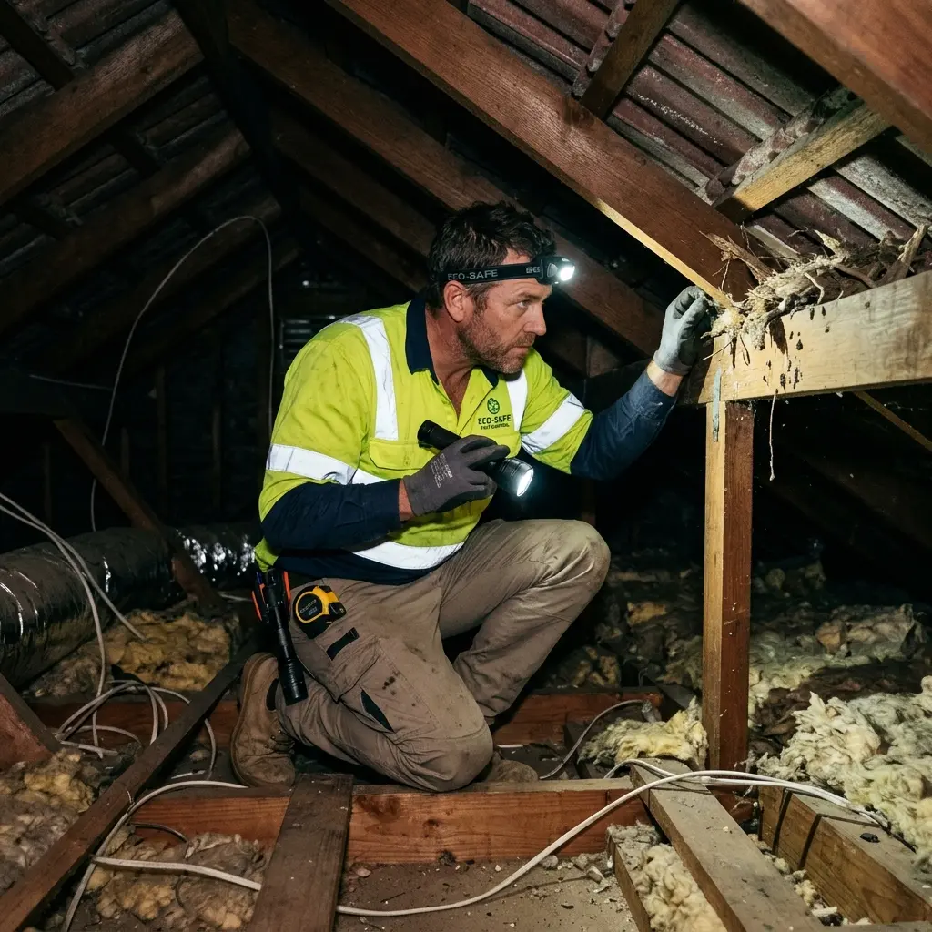 Technician inspecting a Watsonia subfloor void for a deceased cat